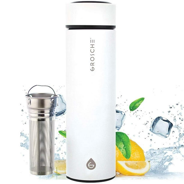 Snap lid. tea hydration yoga White GROSCHE Chicago Steel 16 oz Stainless Steel water bottle with Jumbo Infuser For sports Vacuum Insulated Infuser water bottle flask
